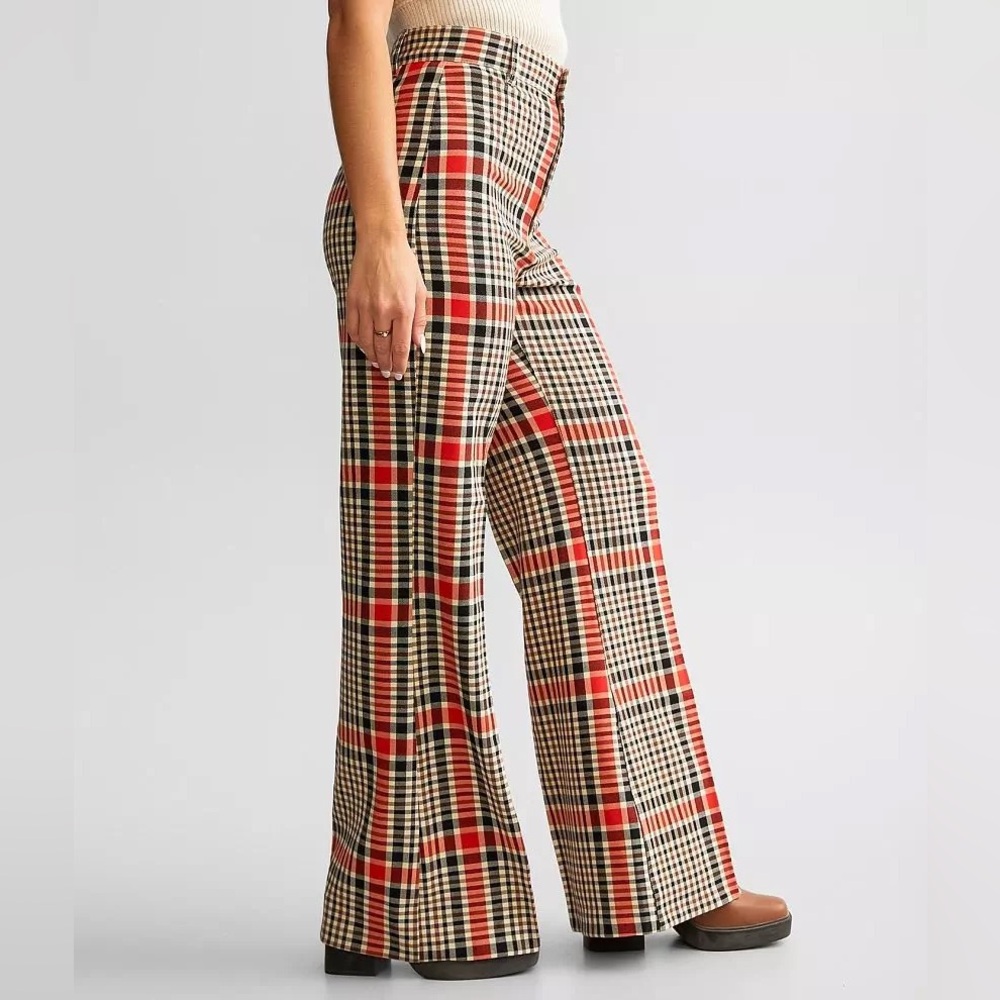 NWT Free People Jules Orange Black Cream Plaid Flare Pants Sz 12 Short - Picture 6 of 15